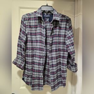 Denim And Flower Mens Grey And Red Plaid Flannel Button-Up Shirt